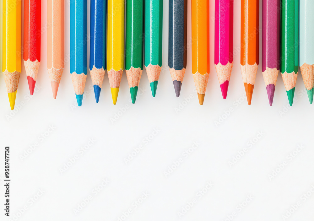 A row of colorful pencils arranged neatly at the top of a white background, showcasing vibrant hues and sharp points, representing creativity and order. A row of colorful pencils arranged neatly at the top of a white background, showcasing vibrant hues and sharp points, representing creativity and order.