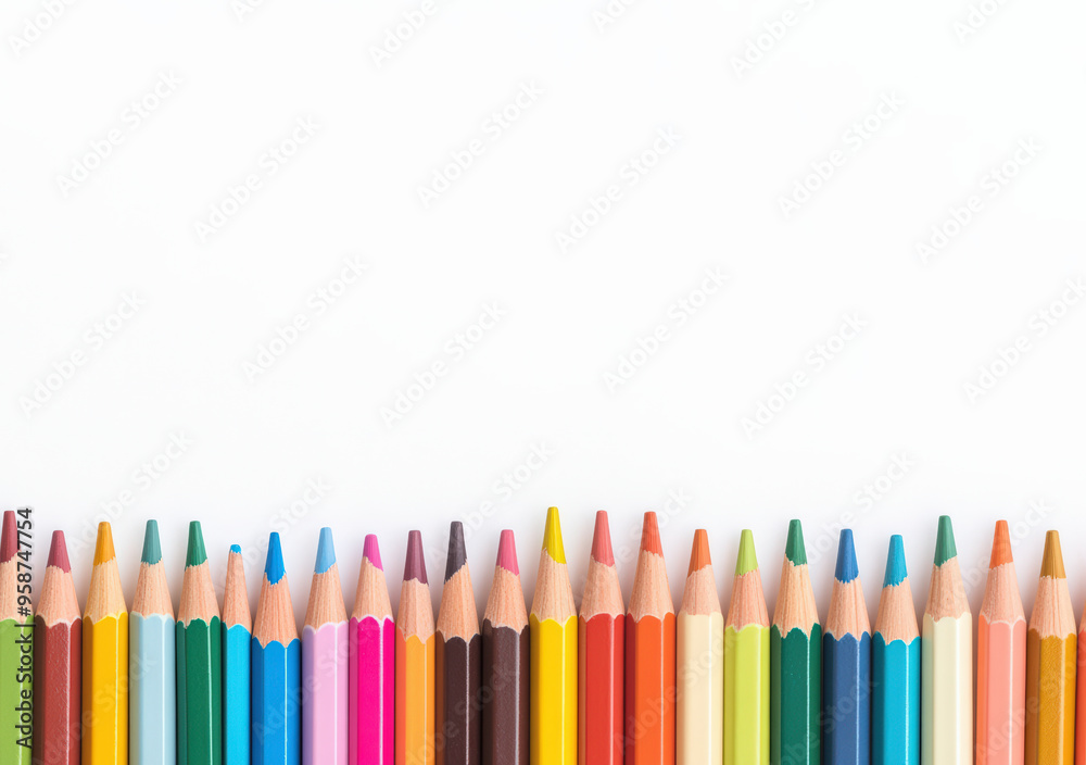 Colorful pencils with sharpened tips arranged in a neat row against a white background, representing creativity and art. Colorful pencils with sharpened tips arranged in a neat row against a white background, representing creativity and art.
