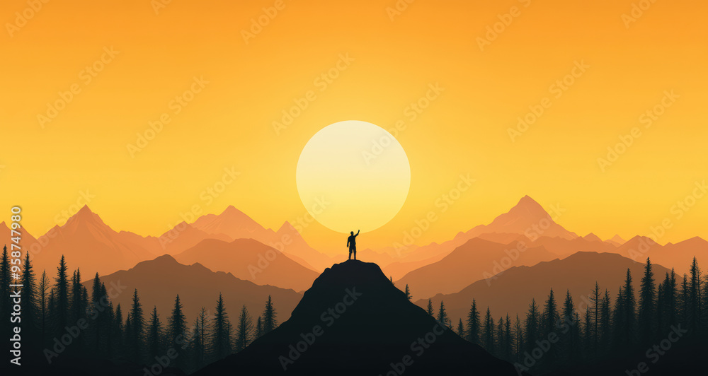 Silhouette of a person on a mountain peak at sunrise, with an orange sky and the sun rising behind distant mountains. Silhouette of a person on a mountain peak at sunrise, with an orange sky and the sun rising behind distant mountains.