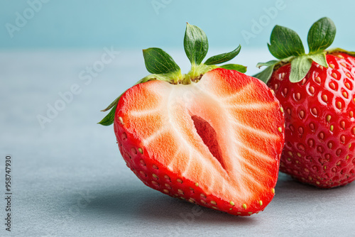 Halved and whole strawberries on a light blue surface, showcasing their vibrant red color and fresh texture.