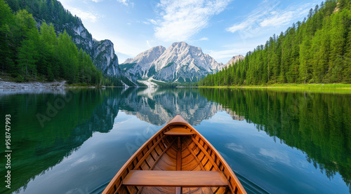 Wooden boat on a calm lake with forests and mountains reflecting in the clear water, under a blue sky.
