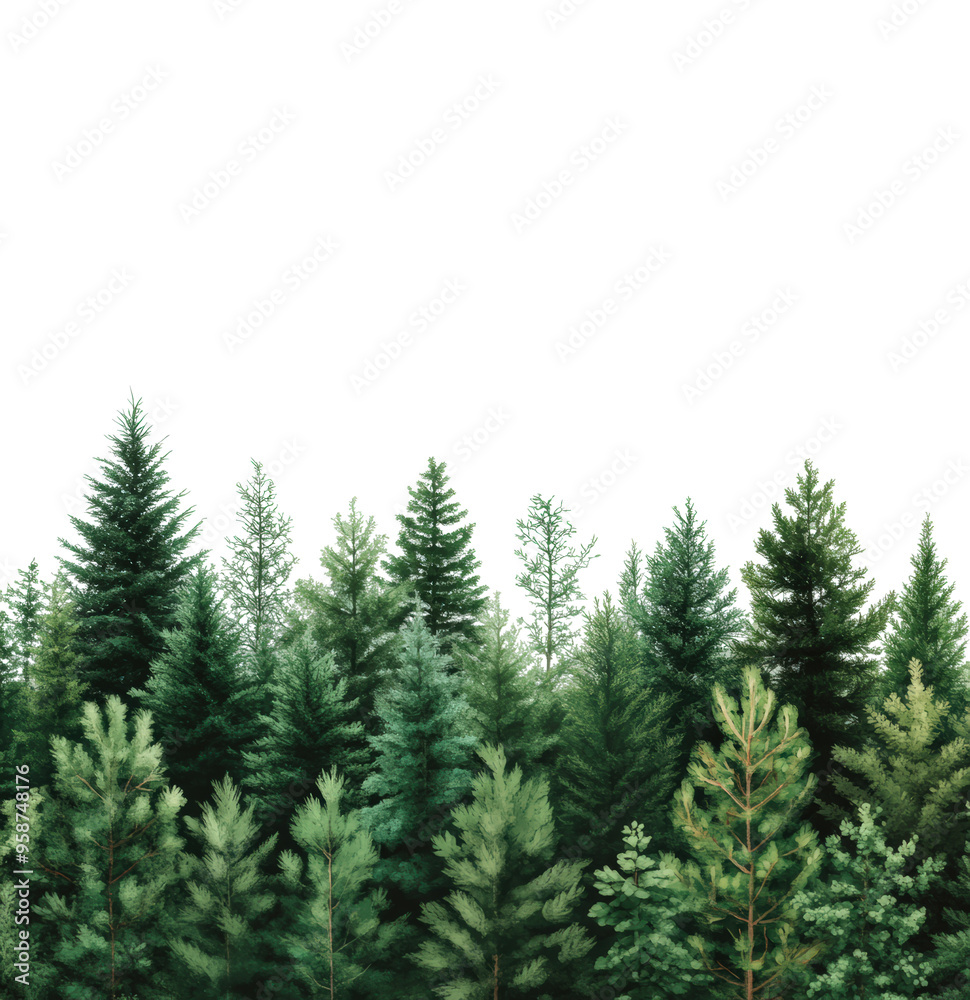 Illustration of a dense forest with various evergreen trees in shades of green, set against a transparent background.