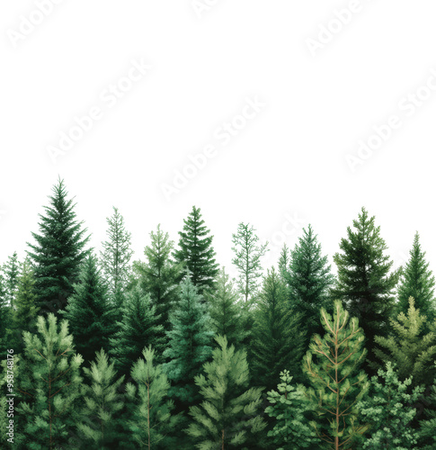 Illustration of a dense forest with various evergreen trees in shades of green, set against a transparent background.