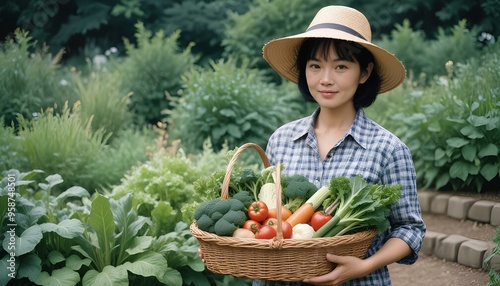 A middle-aged asian woman with short black hair wearing a straw hat, holding a basket full of fresh vegetables in a garden