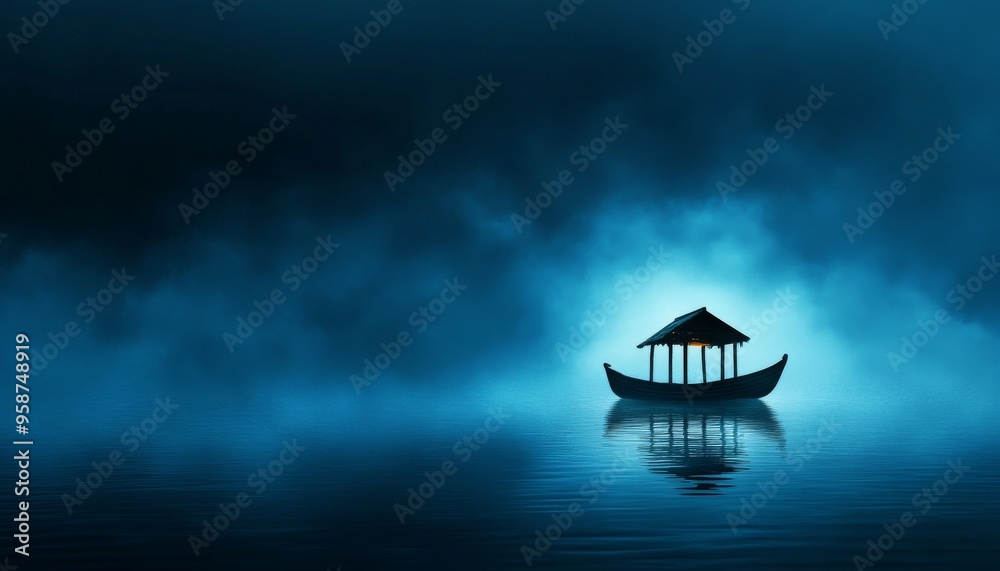 A serene silhouette of a boat on calm water shrouded in mist, evoking tranquility and mystery. A serene silhouette of a boat on calm water shrouded in mist, evoking tranquility and mystery.