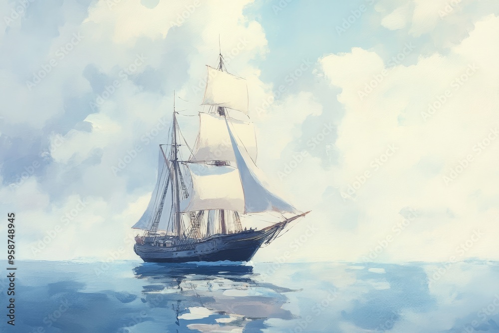 A serene view of a sailing ship gliding through calm waters under a cloudy sky, evoking a sense of adventure and tranquility. A serene view of a sailing ship gliding through calm waters under a cloudy sky, evoking a sense of adventure and tranquility.