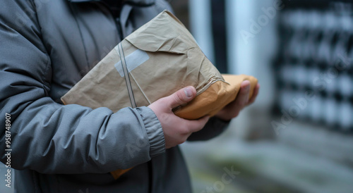 Um close-up de um indivíduo segurando um pequeno pacote de entrega embrulhado em papel, sugerindo que ele poderia ter sido recebido ou estar prestes a ser enviado. O indivíduo está vestindo uma jaque photo