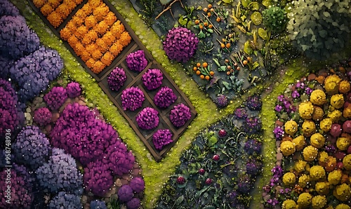 Aerial View of a Vibrant Garden with Flowerbeds and Paths