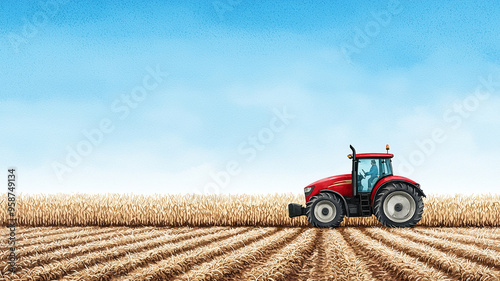 A detailed watercolor of modern tractor in cornfield, showcasing agricultural work under clear blue sky.