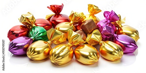 Vibrant assorted sweets wrapped in luxurious golden foil, arranged artfully on a white background, evoking feelings of photo