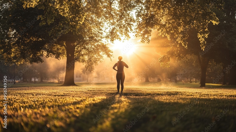 A person warming up their arms in a park at dawn, the soft morning light creating a A person warming up their arms in a park at dawn, the soft morning light creating a