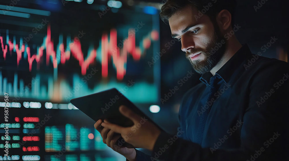 Businessman with a tablet reviewing financial trends modern portrait stock market graph background investment data Businessman with a tablet reviewing financial trends modern portrait stock market graph background investment data