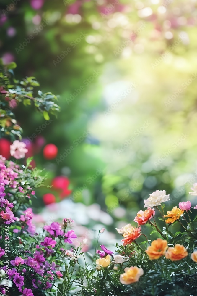 Naklejka premium Lush and Vibrant Blooming Garden with Soft Focus Backdrop for Overlay