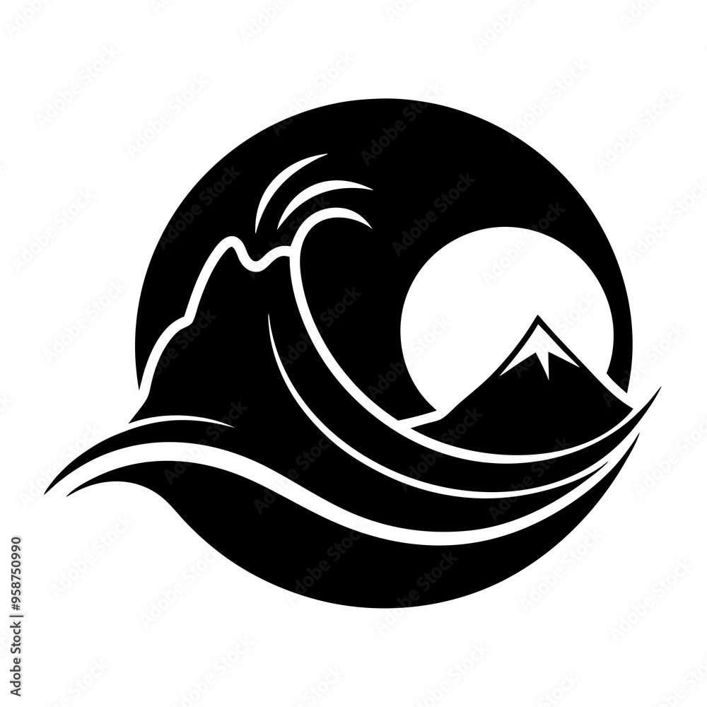 Wave Mountain sun vector black logo silhouette on a white background Wave Mountain sun vector black logo silhouette on a white background