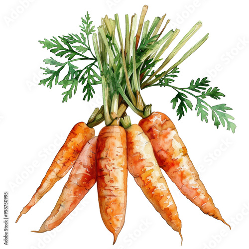 Watercolor illustration of a bunch of fresh carrots with green leafy tops. photo