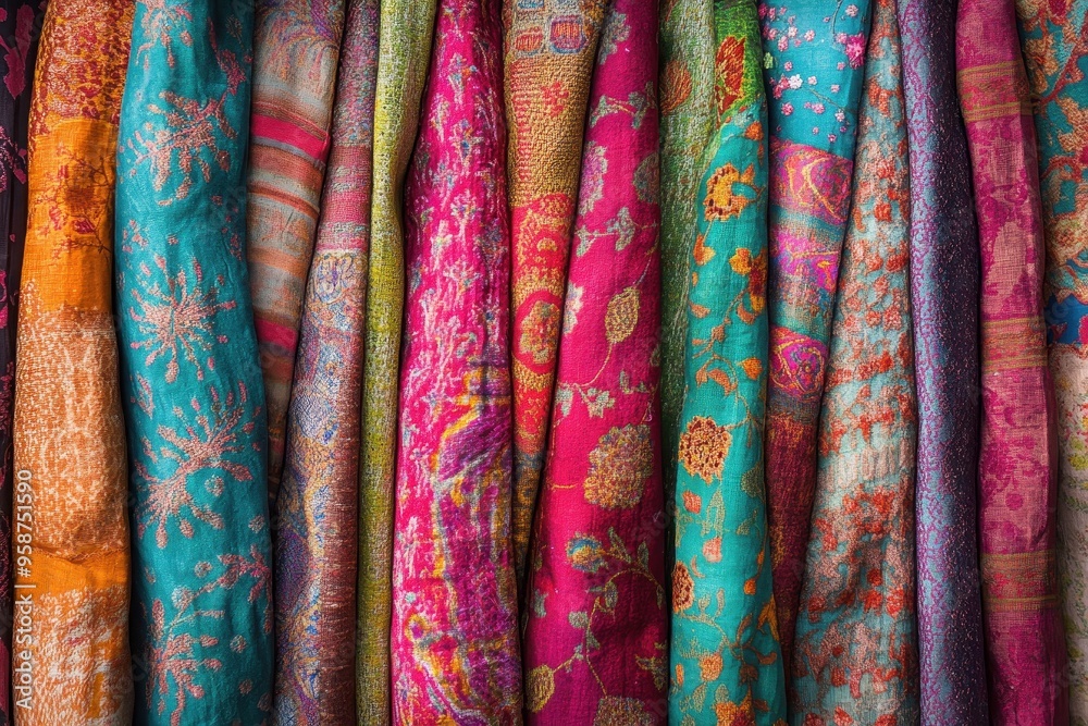 A Close-Up of Vibrant and Textured Fabric Rolls A Close-Up of Vibrant and Textured Fabric Rolls