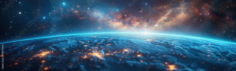 Obraz premium Starry night view of earth with stars and nebulas, banner, copy space