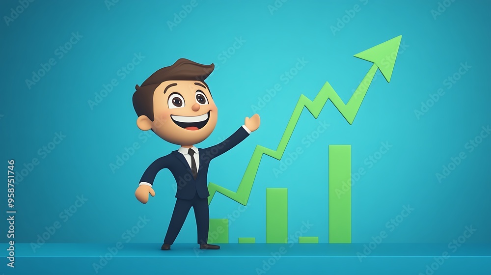 Happy Businessman Celebrating Growth with Upward Arrow and Bar Graph Happy Businessman Celebrating Growth with Upward Arrow and Bar Graph