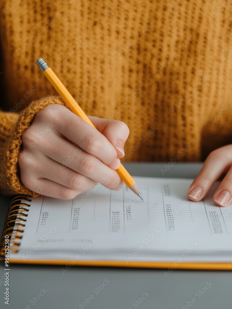 hand holding a pencil, writing in a notebook, showcasing creativity and organization in a cozy setting. hand holding a pencil, writing in a notebook, showcasing creativity and organization in a cozy setting.
