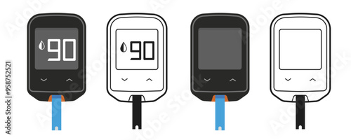 Glucometer blood sugar glucose tester icon vector graphic flat cartoon and line outline stroke art image clip art illustration set, diabetic medical insulin meter pictogram simple modern design

