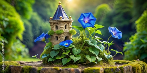 Vibrant blue morning glory blooms entwine a miniature stone castle in a whimsical, moss-covered garden, surrounded by photo