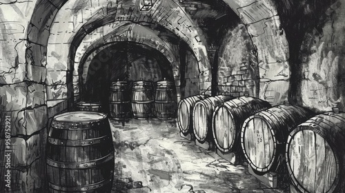 Drawing painting of grape wine bottle glass barrel
