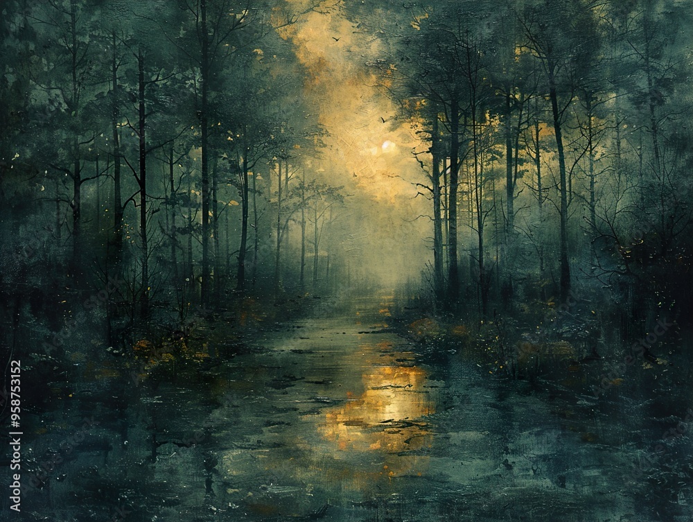 Obraz premium A misty forest path with a river running through it, the sun setting in the distance.