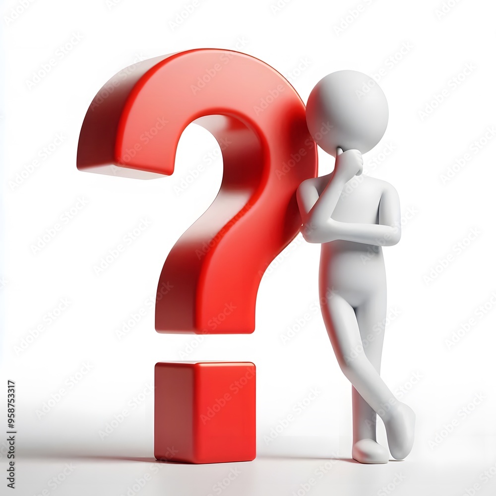 3D human with a red question mark, A 3D-rendered figure poses next to a large red question mark, symbolizing inquiry, doubt, and problem-solving, decision-making, uncertainty, and seeking solutions. 3D human with a red question mark, A 3D-rendered figure poses next to a large red question mark, symbolizing inquiry, doubt, and problem-solving, decision-making, uncertainty, and seeking solutions.