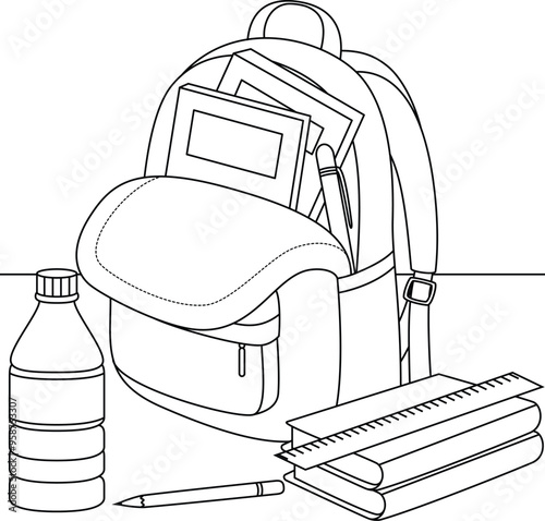 Backpack filled with school supplies like notebooks, pencils, rulers, and a water bottle outine coloring page. First day of school bag line art