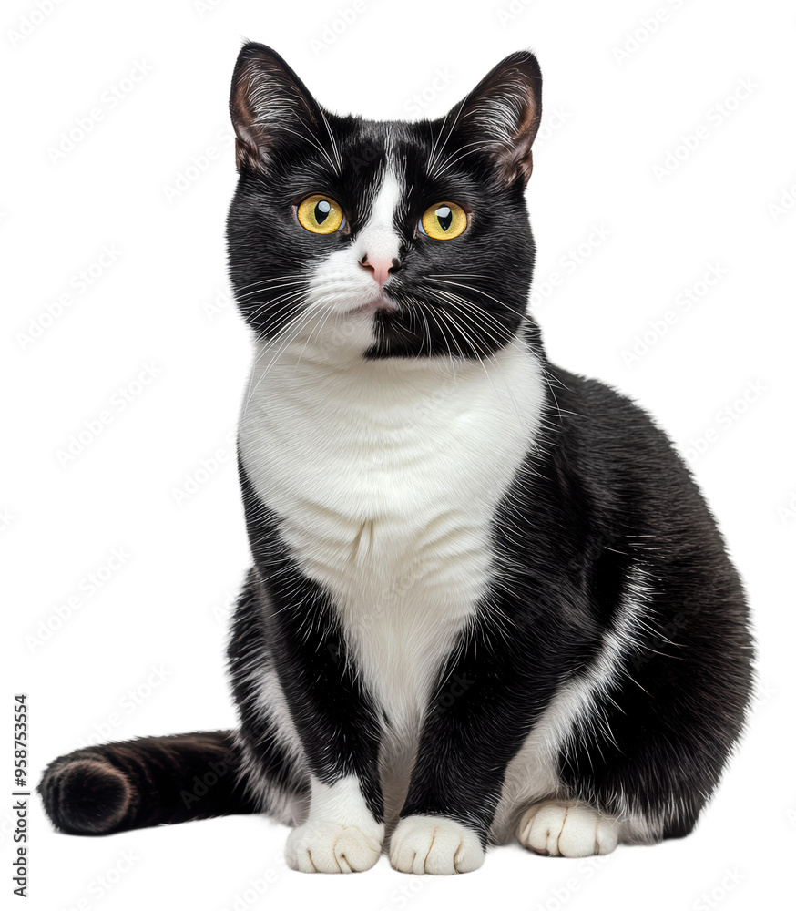Cute black and white cat sitting calmly indoors, cut out - stock png. Cute black and white cat sitting calmly indoors, cut out - stock png.
