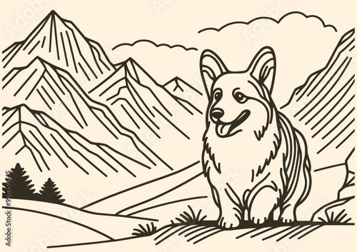 corgi with mountains in the background, dog and nature vintage sketch