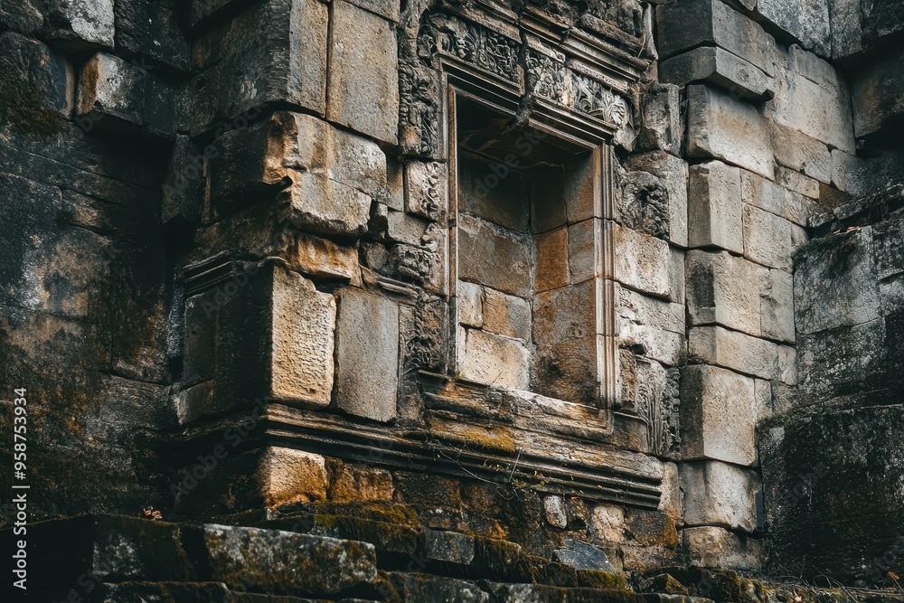 Close-up of a stone wall with a carved window Close-up of a stone wall with a carved window