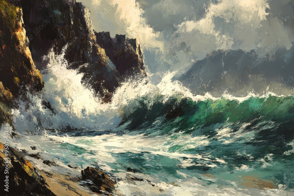 A Large Wave Crashing Against Rugged Cliffs Under a Cloudy Sky A Large Wave Crashing Against Rugged Cliffs Under a Cloudy Sky