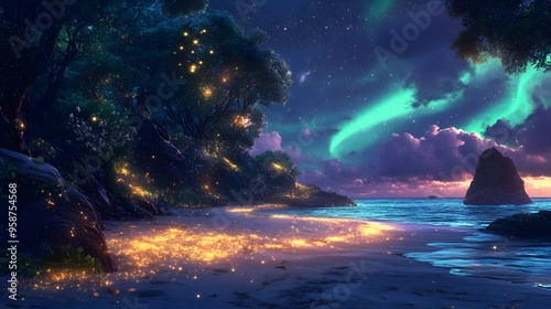 A magical scene with a glowing beach, fireflies flickering in the air, stars twinkling, and the aurora borealis lighting up the night