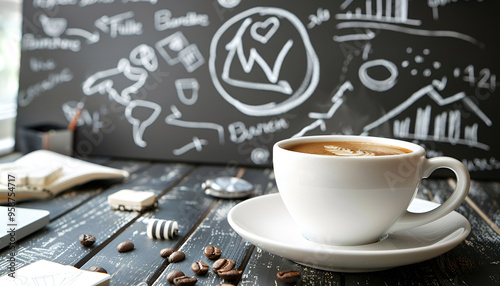 Conceptual image of cup of coffee with business sketches at background