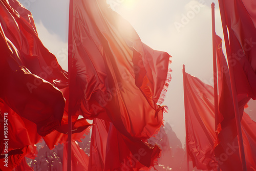 Vibrant red flags fluttering in the breeze, creating a powerful visual statement in a dramatic, sunlit atmosphere.