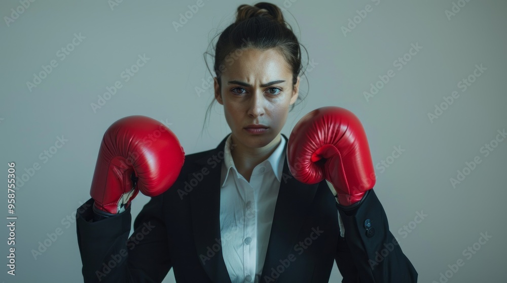 A woman in a suit and red boxing gloves A woman in a suit and red boxing gloves