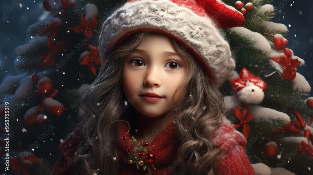 Cute girl in hat and Christmas Tree on background. Neural network ai generated art Cute girl in hat and Christmas Tree on background. Neural network ai generated art