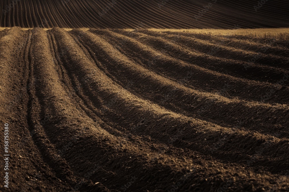 Fototapeta premium Plowed Field with Curved Furrows and Golden Hues