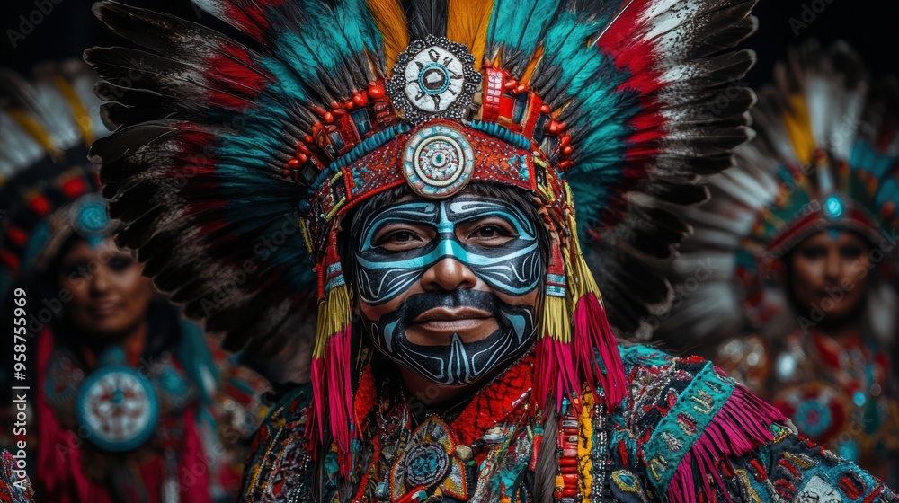 Close-up of a person wearing an elaborate indigenous costume with a vibrant feathered headdress and intricate face paint. Close-up of a person wearing an elaborate indigenous costume with a vibrant feathered headdress and intricate face paint.