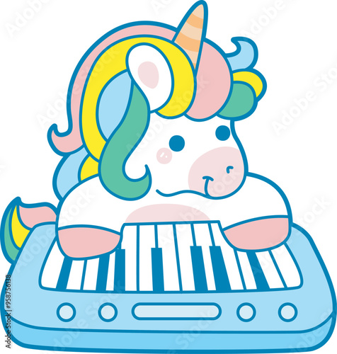 Illustration of cute unicorn activities icon.
Funny rainbow unicorn daily routine stickers.