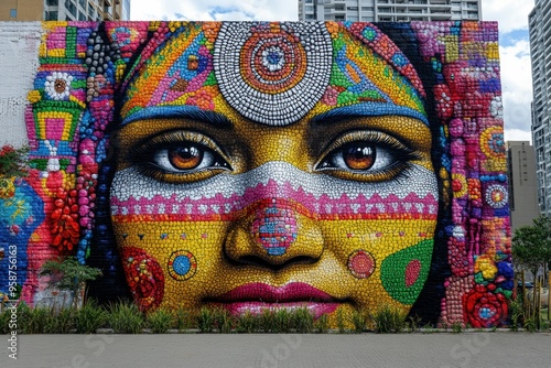 A street mural depicts an indigenous face adorned with vibrant face paint and traditional patterns, merging art with cultural symbolism in an urban environment.