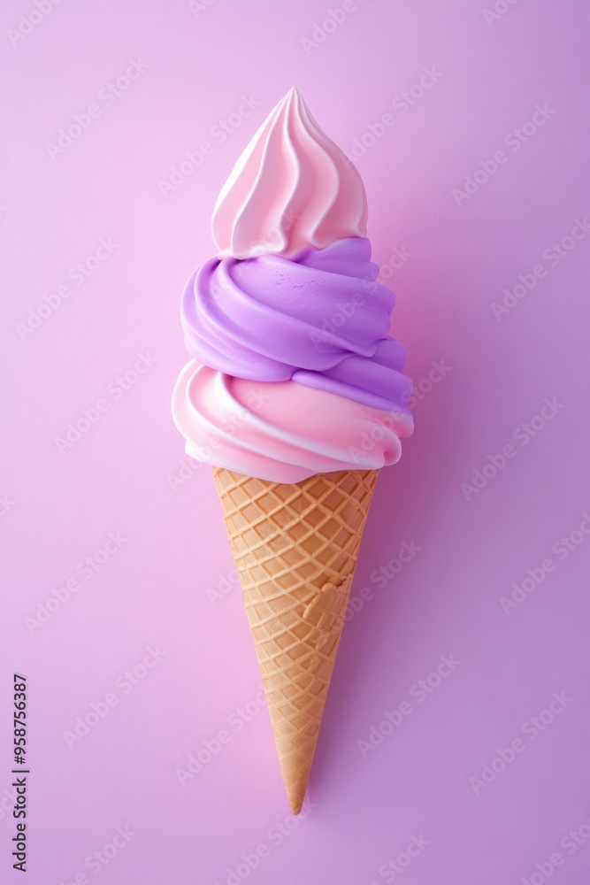 A colorful ice cream cone with swirls of pink and purple against a pastel background. A colorful ice cream cone with swirls of pink and purple against a pastel background.