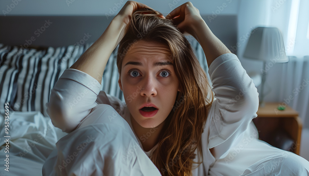 Fototapeta premium Shocked young woman wakes up with anxiety