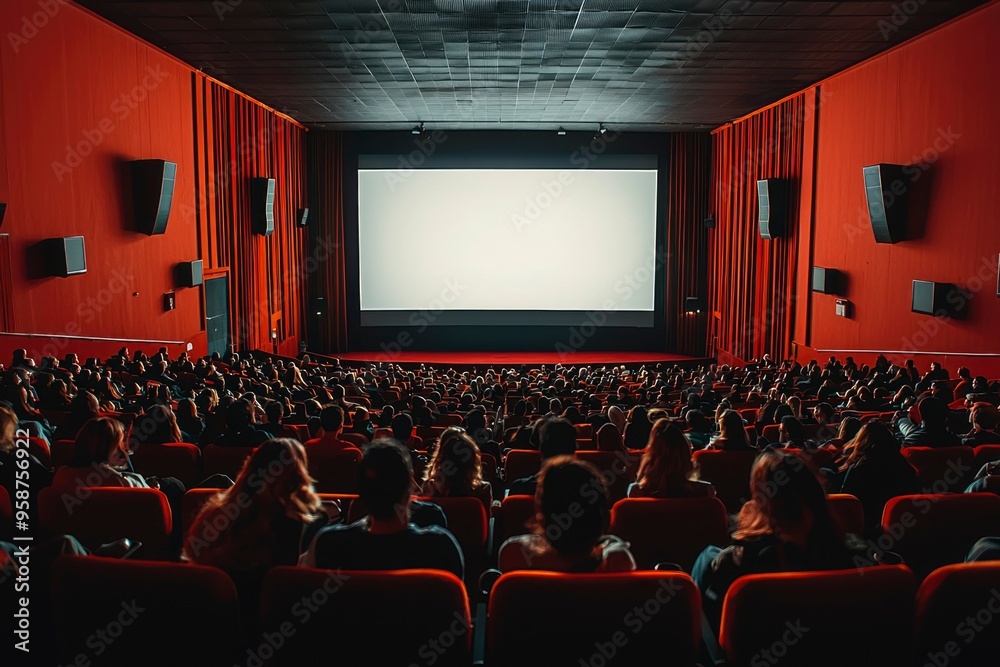 Obraz premium Audience in a darkened movie theater awaiting the start of a film.