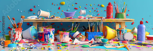 The Arts & Crafts Chaos: A colorful explosion of paint, paper, and glue covers every inch of a small table, tools and half-finished projects strewn about. photo