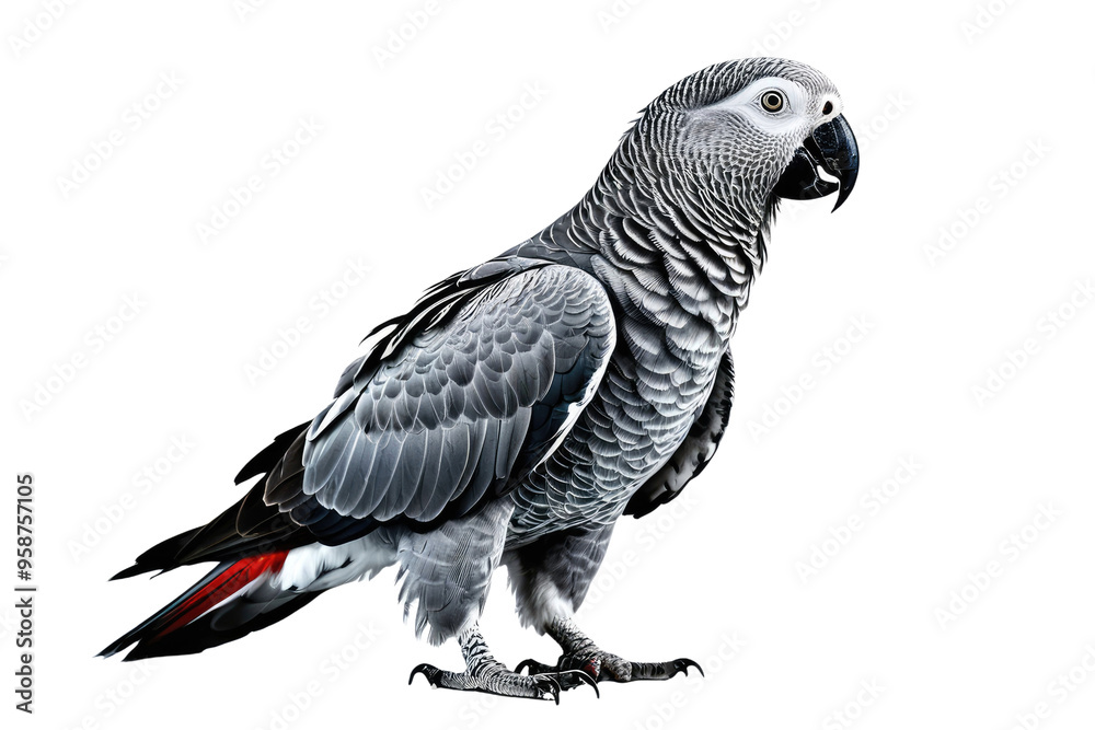 African grey parrot in full body stance, contrast against pristine white background, feather texture in sharp focus, vibrant grey tones stand out, natural posture captured African grey parrot in full body stance, contrast against pristine white background, feather texture in sharp focus, vibrant grey tones stand out, natural posture captured