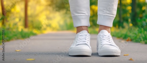 White sneakers on a paved path, surrounded by lush greenery, ideal for travel and outdoor activities.
