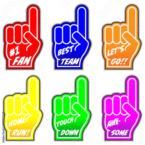 Set of colourful Fan Fingers with rally messages, foam fan hand glove with pointing finger