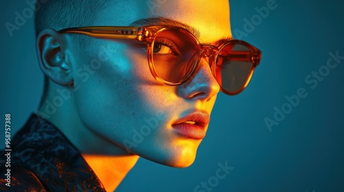 Close-up of a person with stylish orange-tinted glasses photo